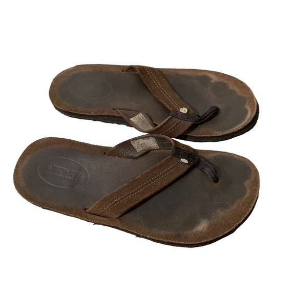 Teva brown leather flip flops sandals thong strap slip on shoes men's size 8 - Picture 1 of 6